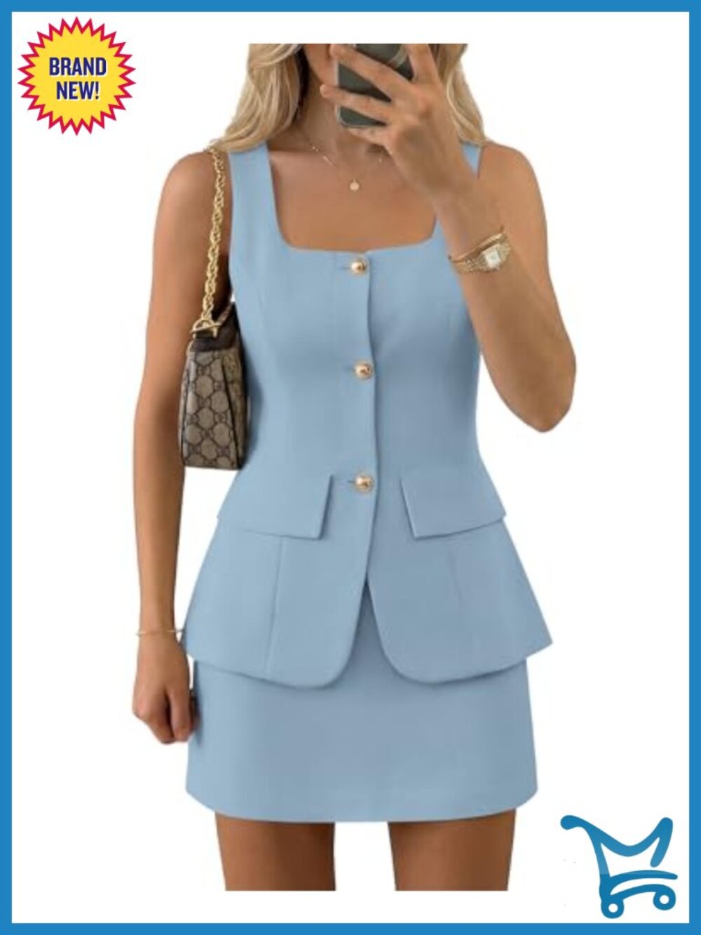 Sleeveless Blazer Vest Top & Mini Skirt Set - Square Neck - Gold Buttons - Two